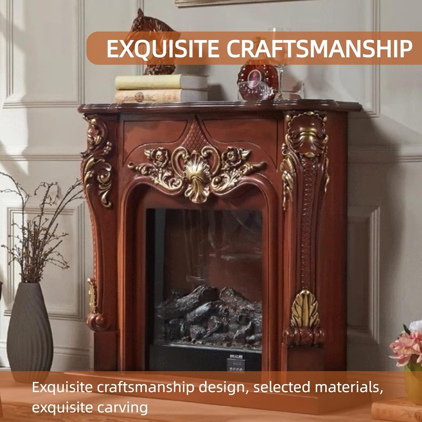 Aihm-Lon Electric Fireplace with Gold Outline Carving 39”