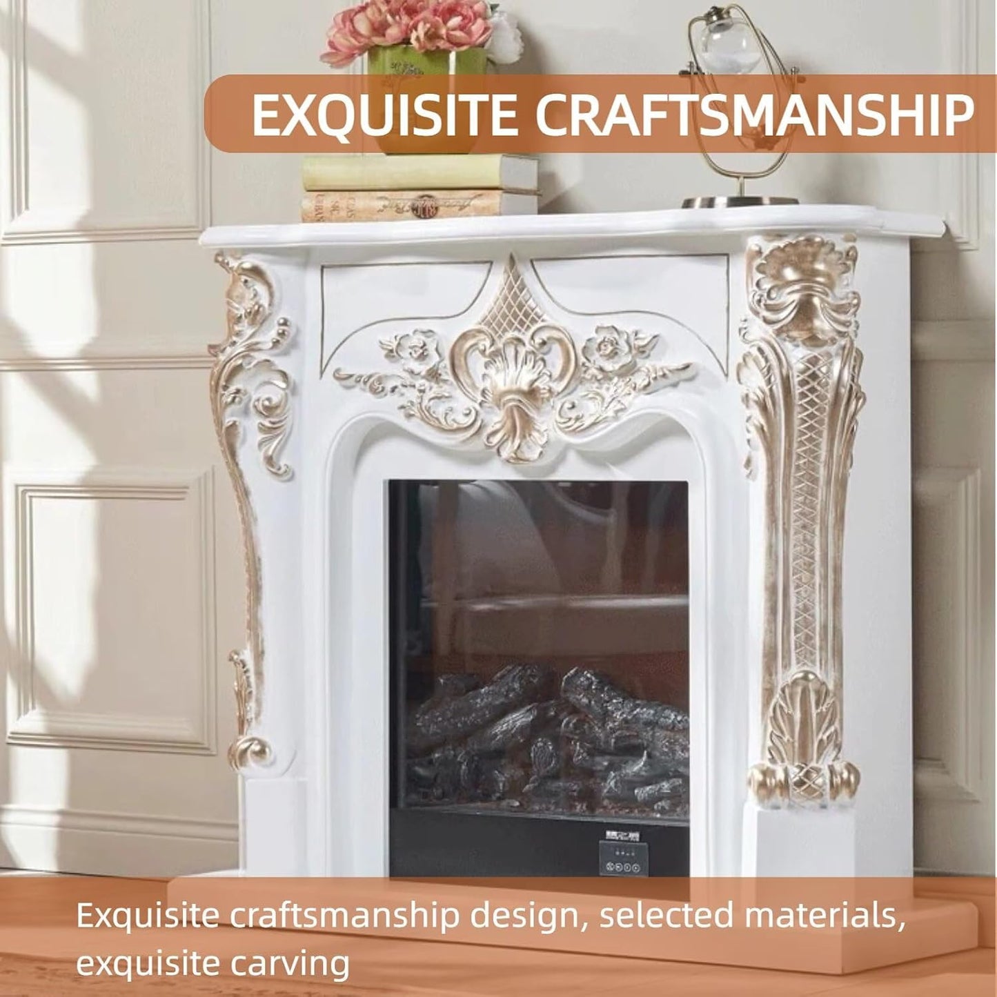 Aihm-Lon Electric Fireplace with Gold Outline Carving 39”