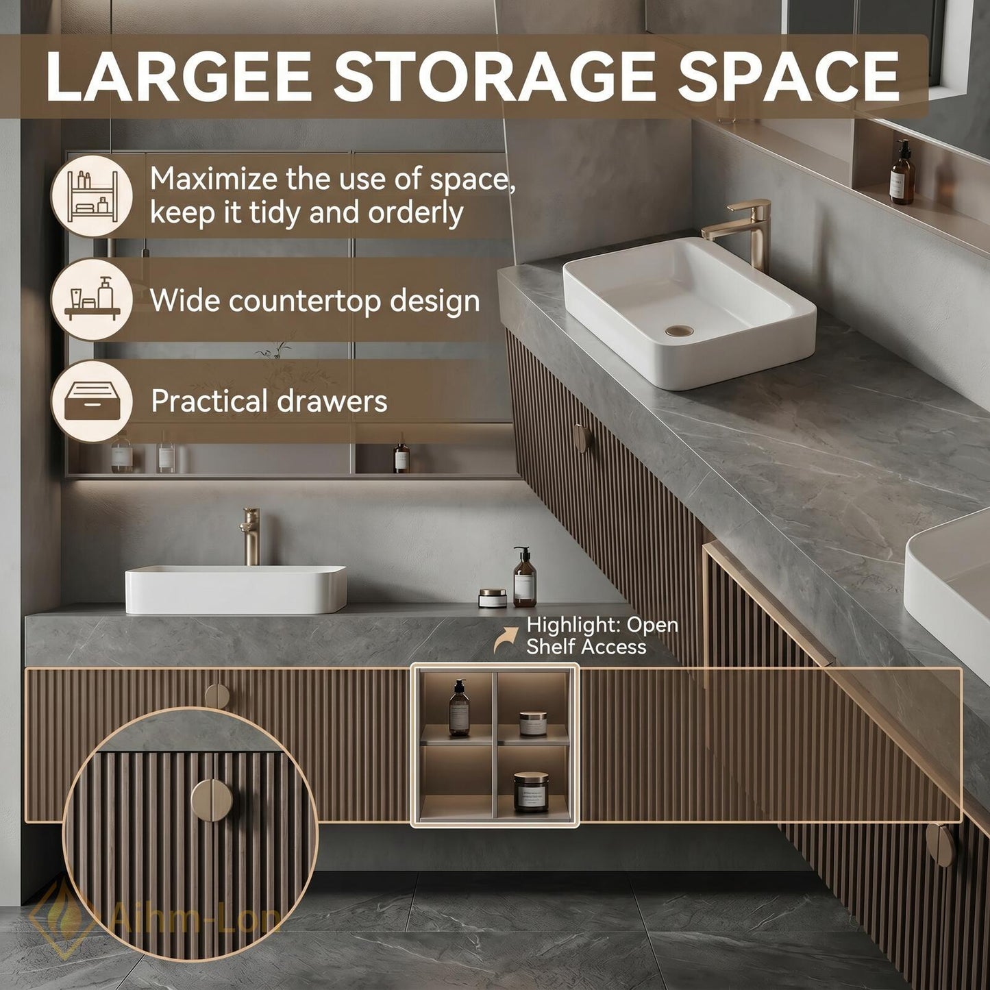 70''-96'' Modern Double Bathroom Vanity with Sink Floating Stone-Effect Vertical Slats Open