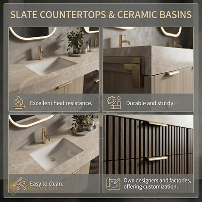 74''-96'' Double Bathroom Vanity with Sink Modern Floating Slatted-Panel Drawers Storage