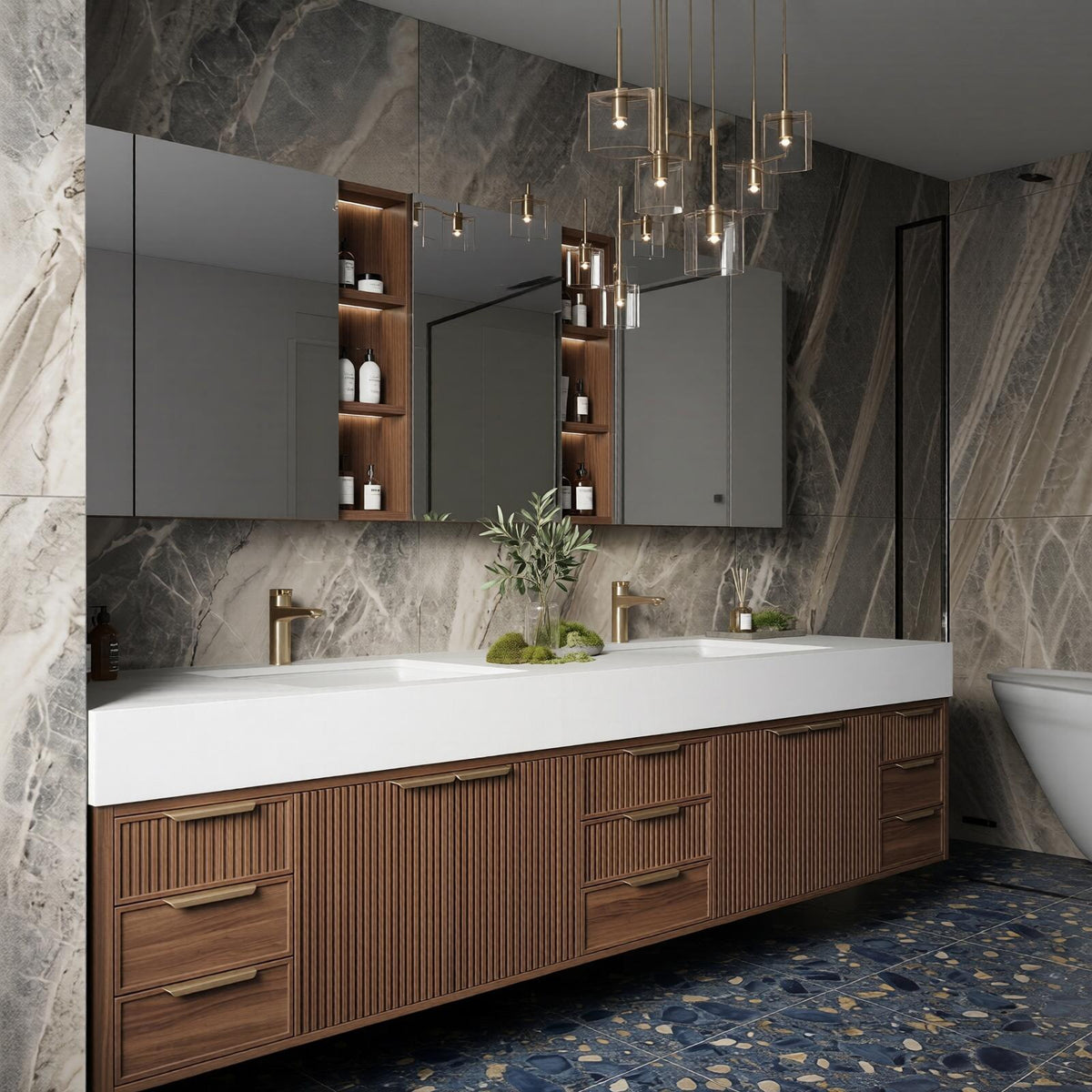 60''-96'' Double Bathroom Vanity with Sink Modern Floating Dark Walnut Vertical Slats