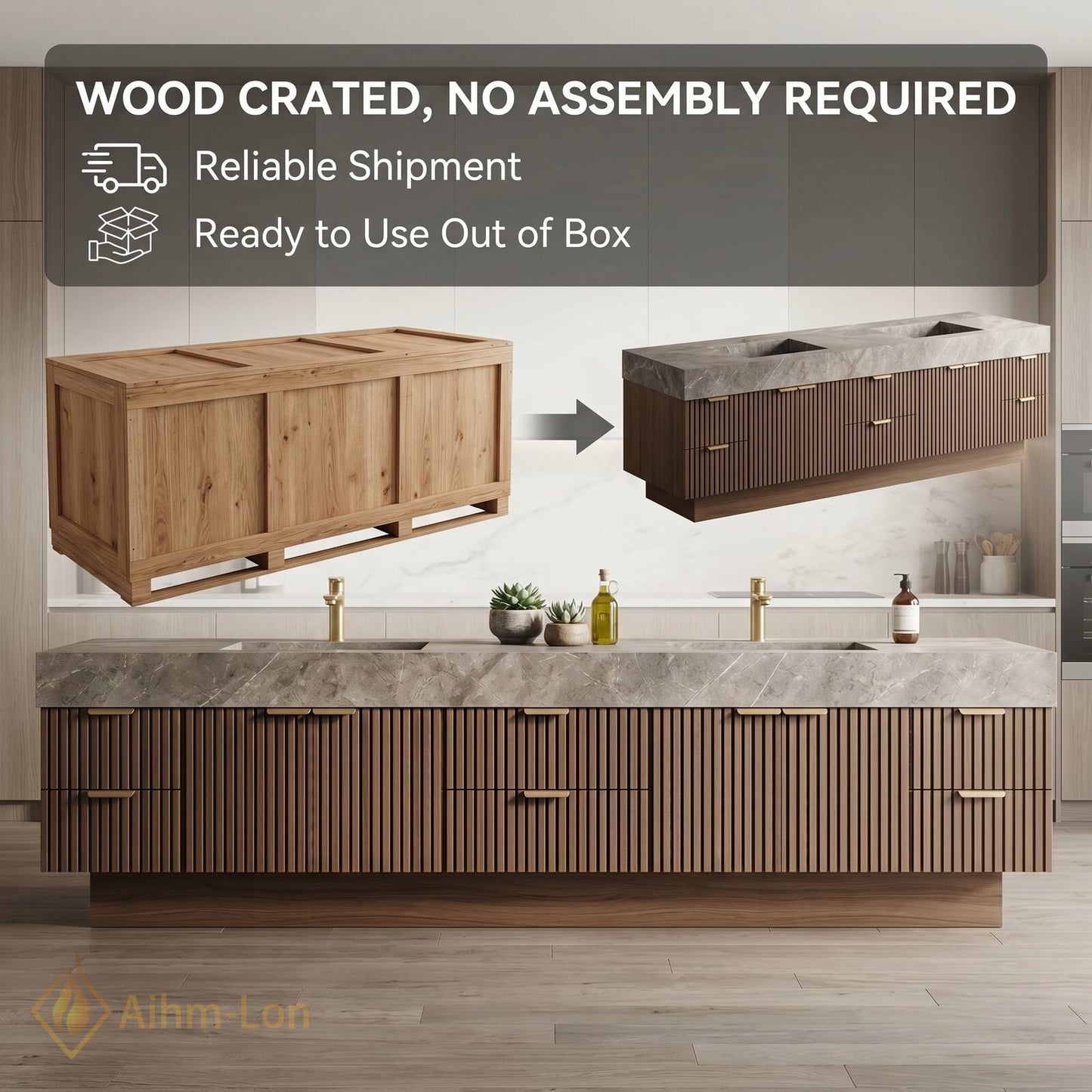 76''-96'' Double Bathroom Vanity with Sink Vertical Slatted Panels Floating Storage Deep