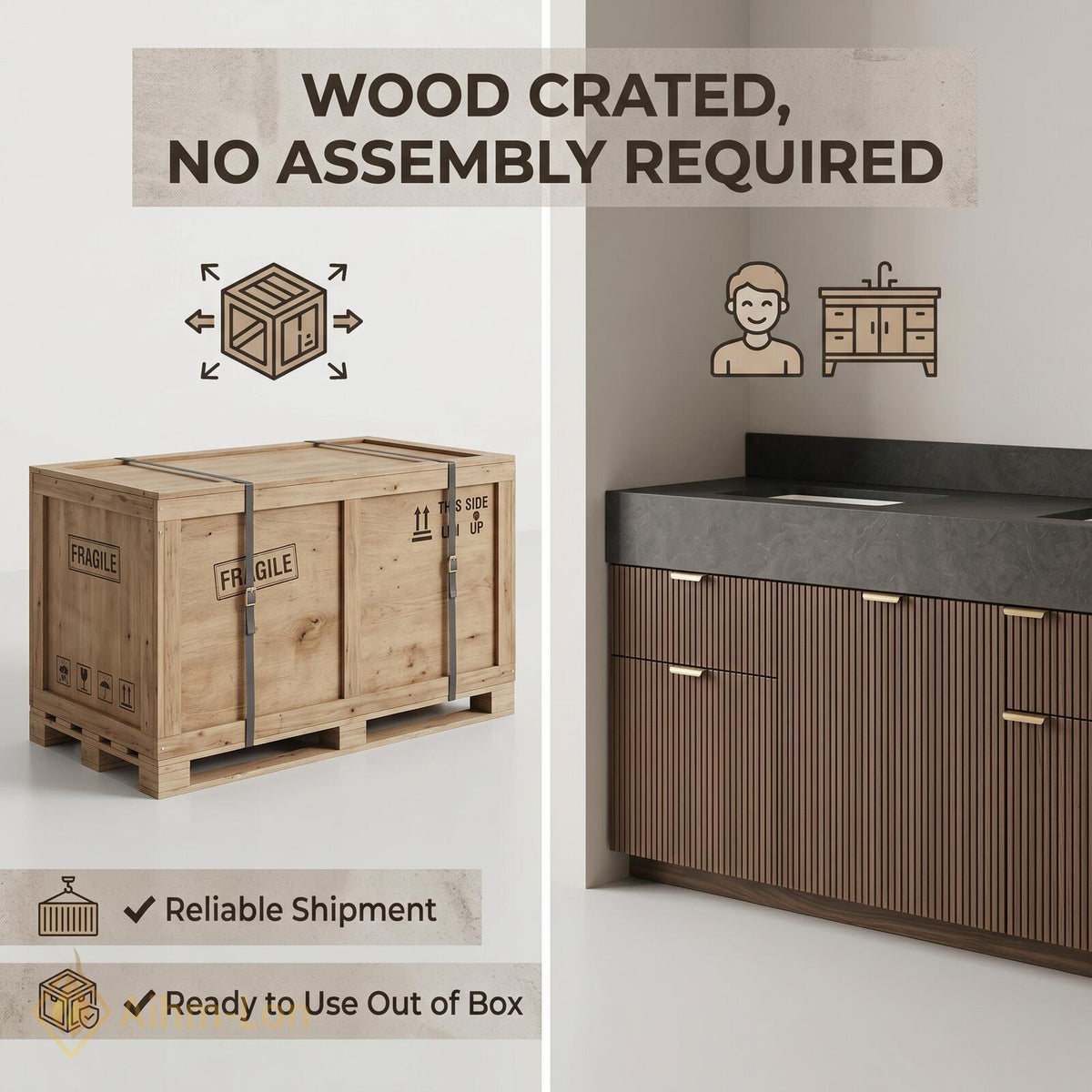 60''-96'' Double Bathroom Vanity with Sink Floating Dark Walnut Slatted Center Open
