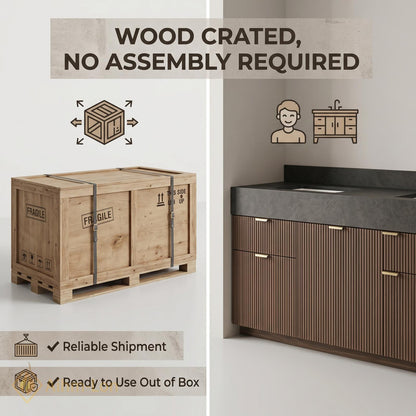 60''-96'' Double Bathroom Vanity with Sink Floating Dark Walnut Slatted Center Open