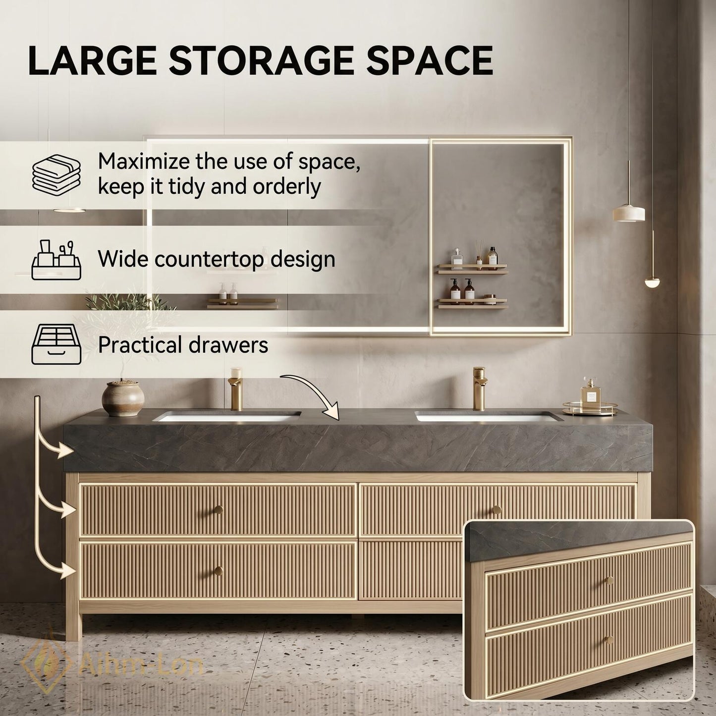 60''-96'' Modern Double Bathroom Vanity with Sink Light Wood Fluted Drawer Fronts
