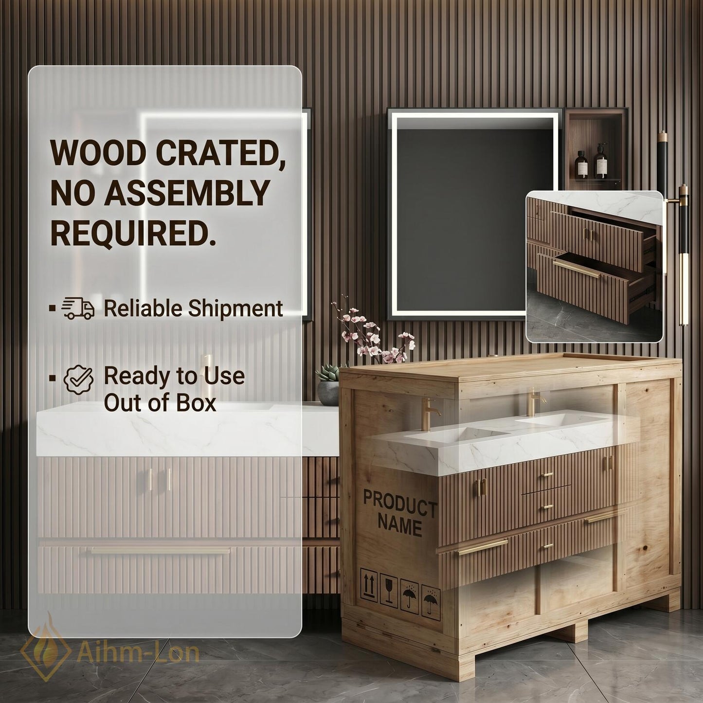 72''-96'' Double Bathroom Vanity with Sink White Modern Floating Basin Slatted Marble