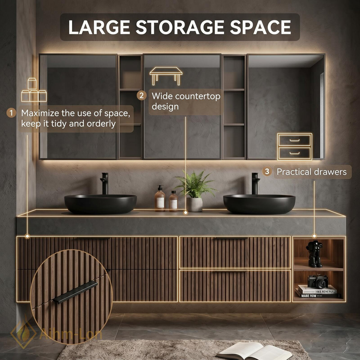 60''-96'' Double Bathroom Vanity with Sink Modern Floating Dark Wood Slats Concrete Top