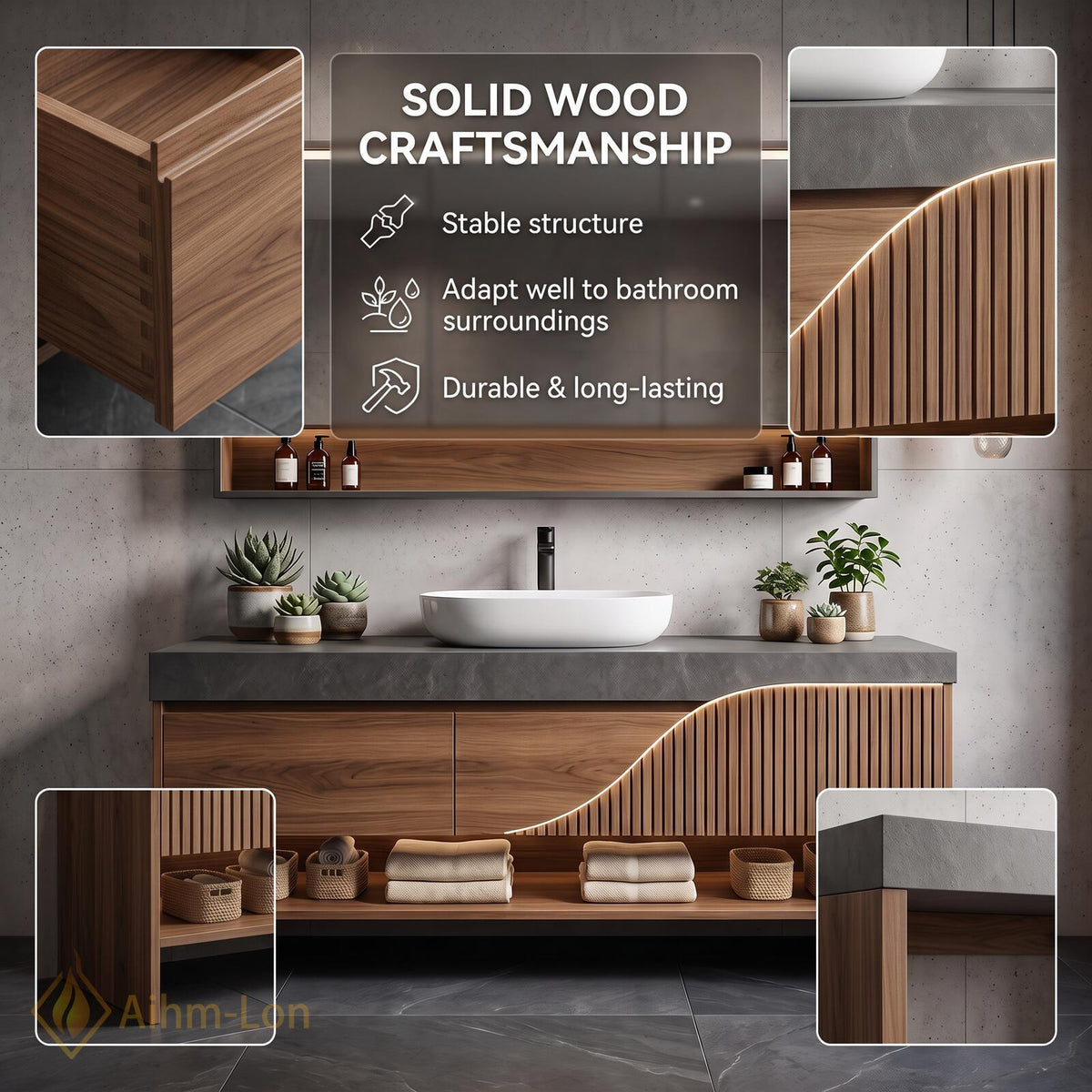 36''-110'' Floating Bathroom Vanity with Sink Wavy Wood Front Stone Top