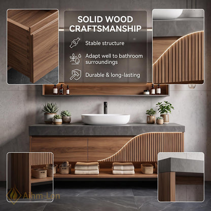 36''-110'' Floating Bathroom Vanity with Sink Wavy Wood Front Stone Top