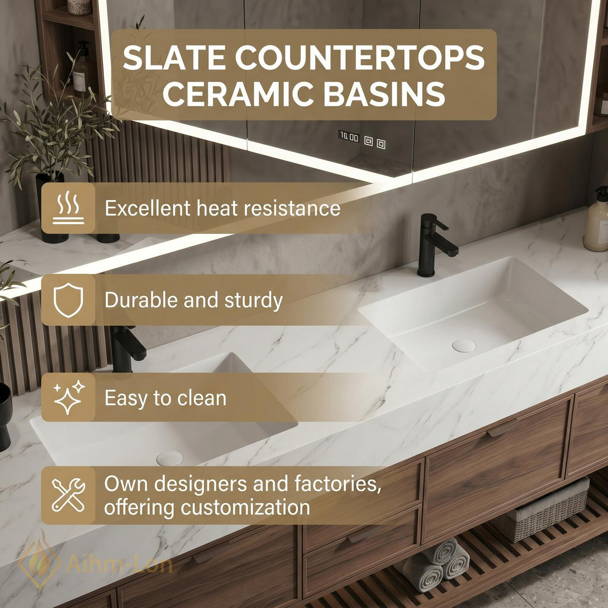 60''-96'' Double Bathroom Vanity with Sink Floating White Marble Top Slatted Shelf