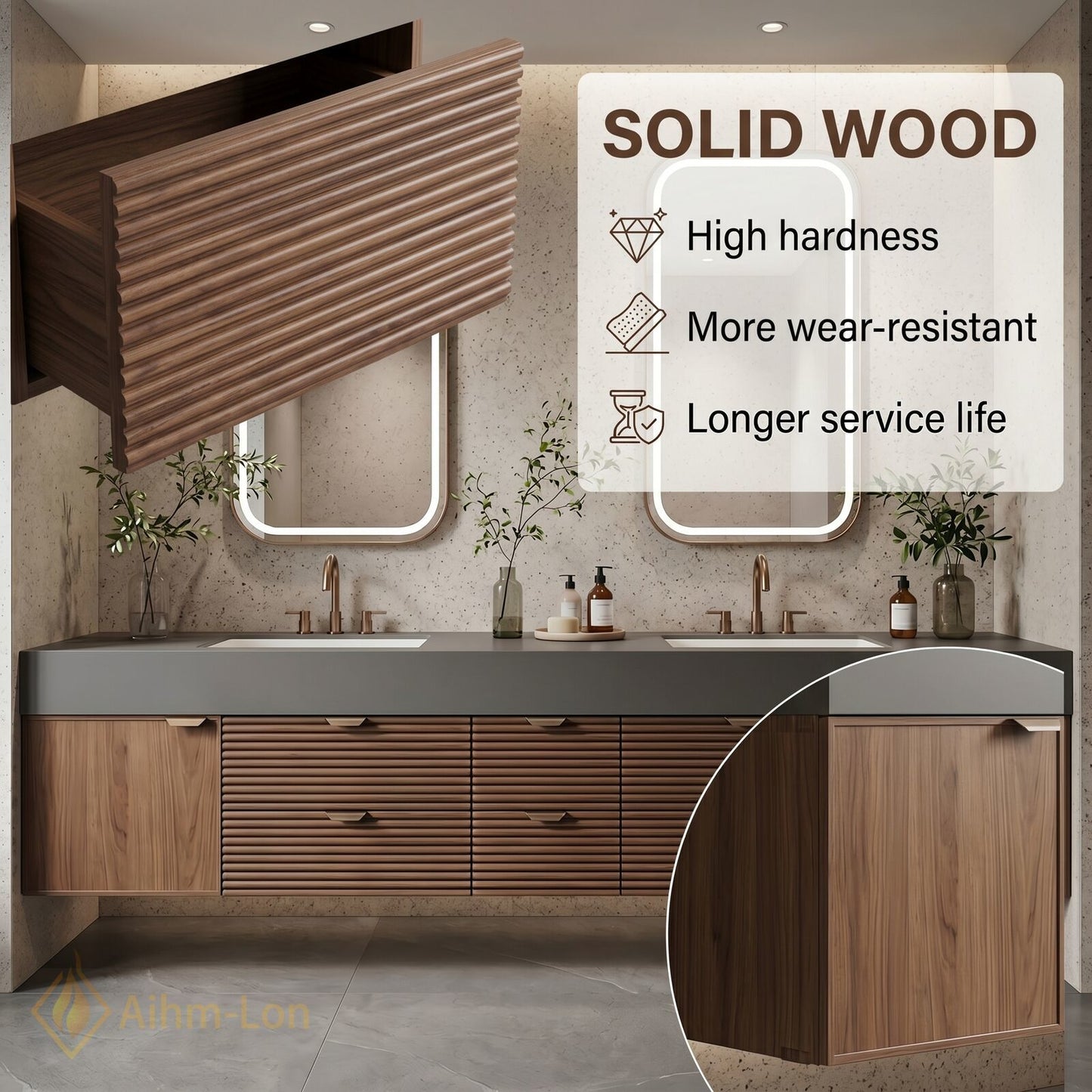 70''-96'' Double Bathroom Vanity with Sink Modern Stone-Top Slatted Dark Wooden Drawers