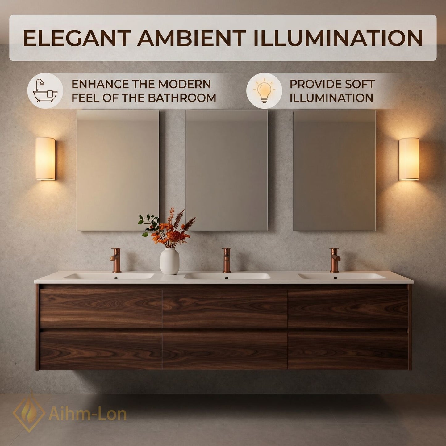 78''-96'' Modern Bathroom Vanity with Sink Triple Floating Dark Wood Grain Mirror Set