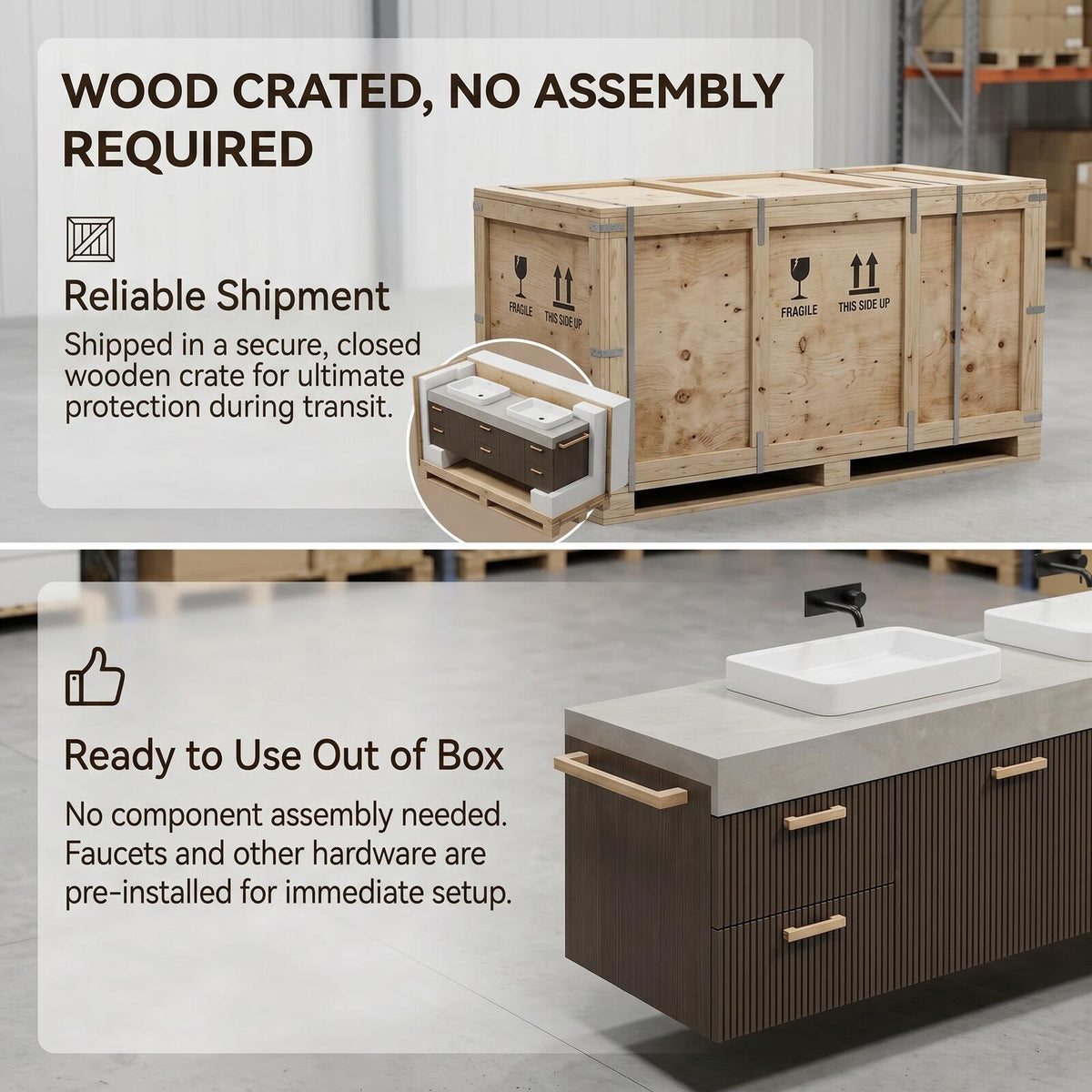 60''-96'' Double Bathroom Vanity with Sink Modern Floating Slatted Front Matte Dark Finish