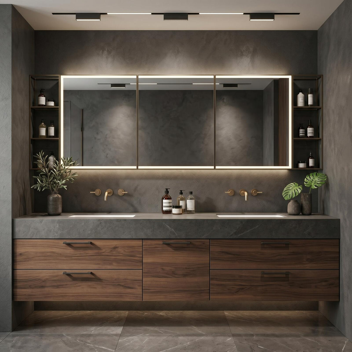 60''-96'' Double Bathroom Vanity with Sink Modern Floating Dark Walnut Metal Drawers