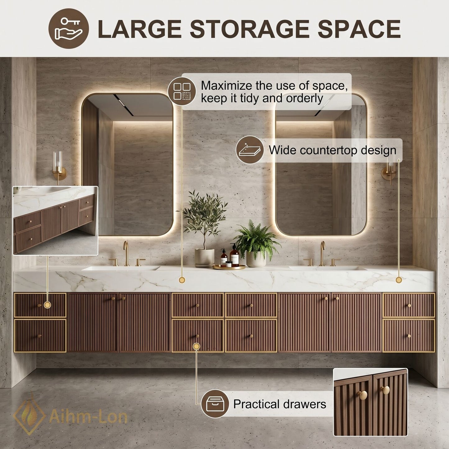 76''-96'' Double Bathroom Vanity with Sink Modern Ridge Panel Wood Texture Illuminated