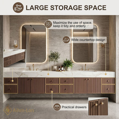 76''-96'' Double Bathroom Vanity with Sink Modern Ridge Panel Wood Texture Illuminated