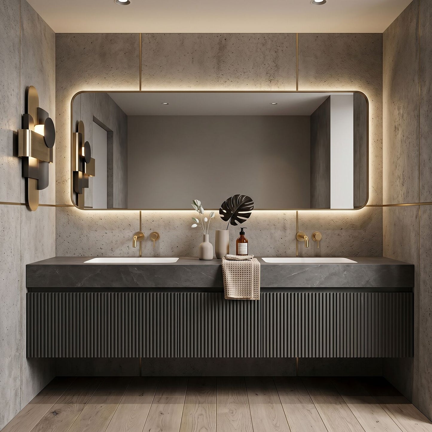 60''-96'' Modern Bathroom Vanity with Sink Double Sink Vertical Grooves Dark Stone Mirror Cabinet