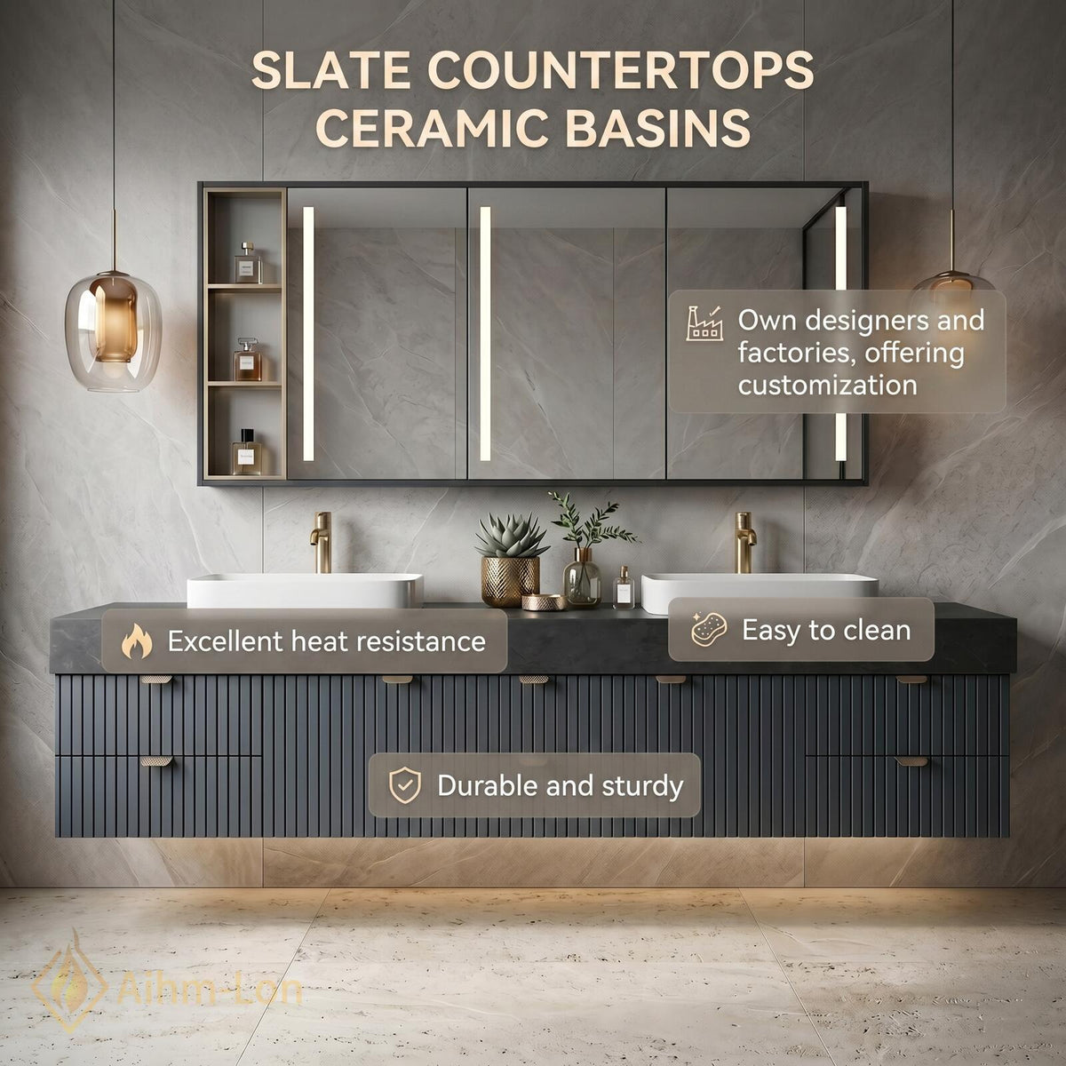 60''-96'' Double Bathroom Vanity with Sink Spacious Drawers Stone Like Surface