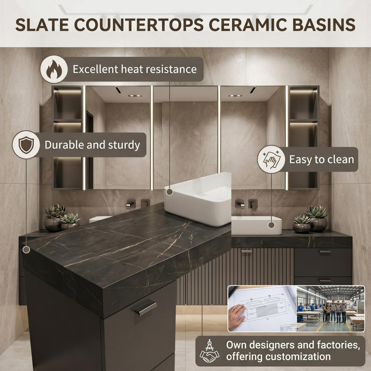 60''-96'' Double Bathroom Vanity with Sink Modern Floating Charcoal Matte Slatted Front Panel