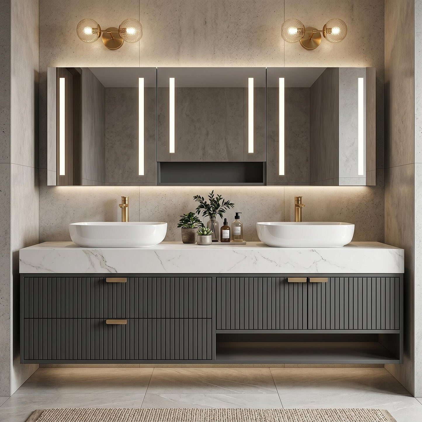 60''-96'' Modern Bathroom Vanity with Sink Floating Double Slatted Doors Marble-Style Top