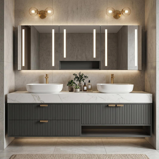 60''-96'' Modern Bathroom Vanity with Sink Floating Double Slatted Doors Marble-Style Top