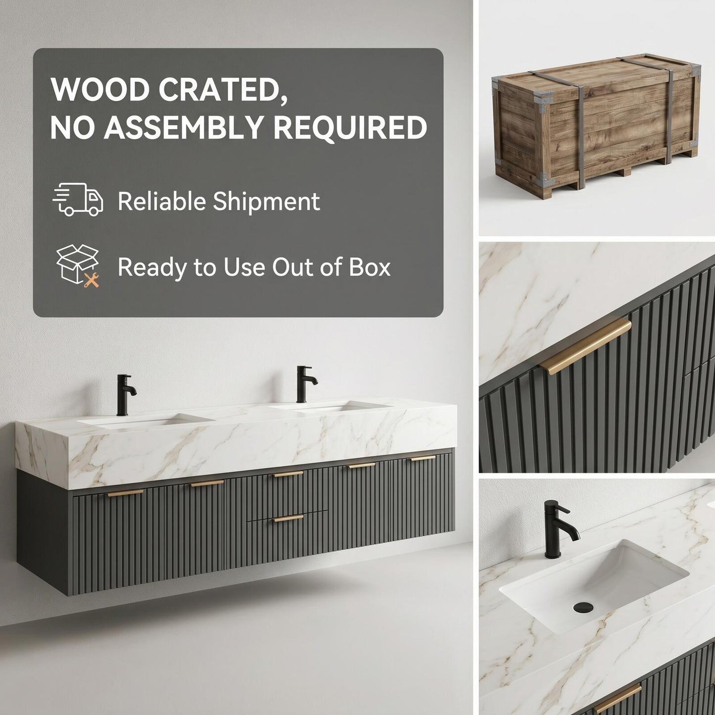 60''-96'' Modern Bathroom Vanity with Sink Double Sink Dark Walnut Slatted Center Panel Cabinet