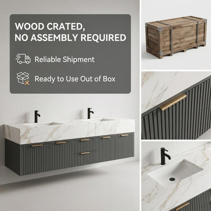 60''-96'' Modern Bathroom Vanity with Sink Double Sink Dark Walnut Slatted Center Panel Cabinet
