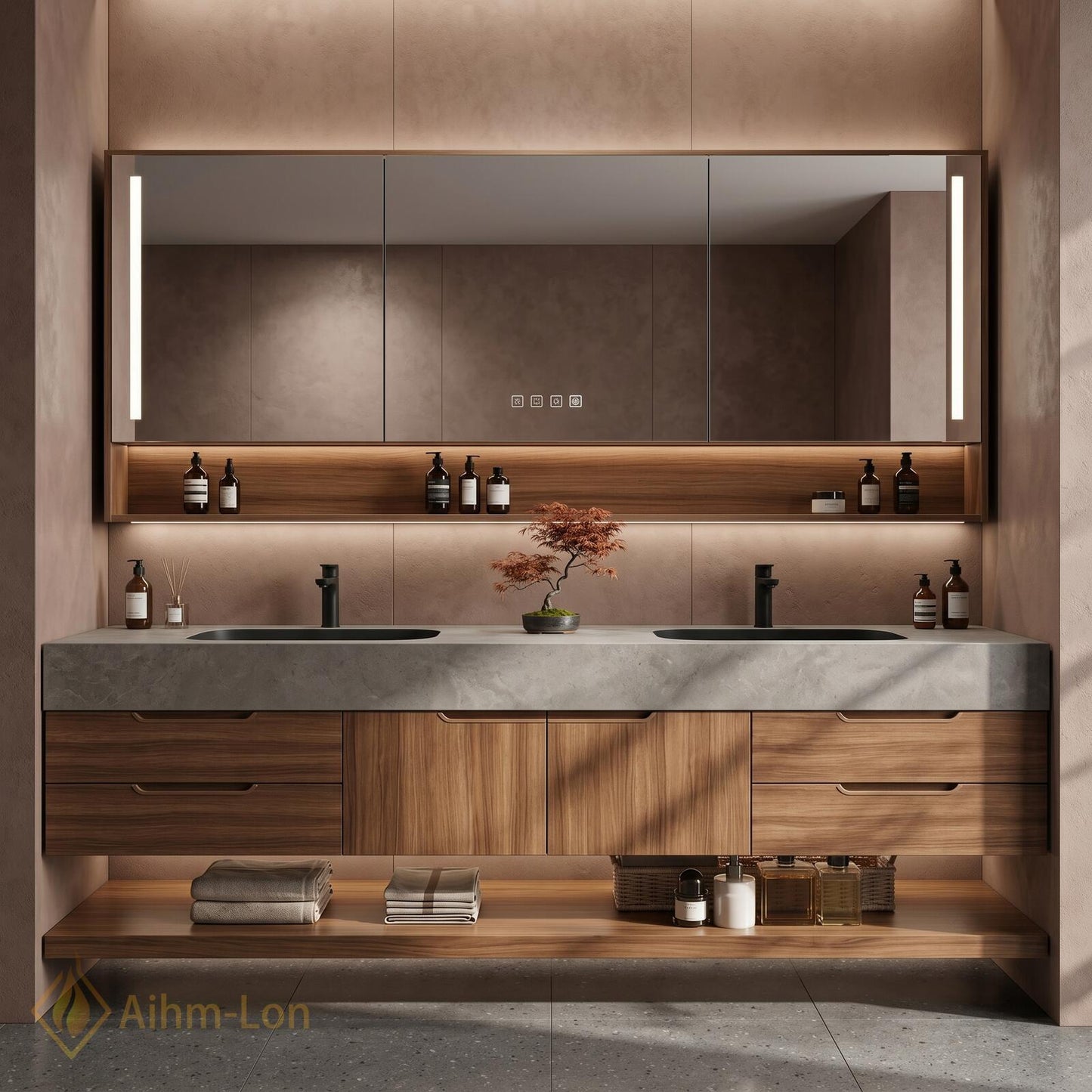 60''-96'' Modern Floating Bathroom Vanity with Sink Double Warm Wood Veneer Shelving