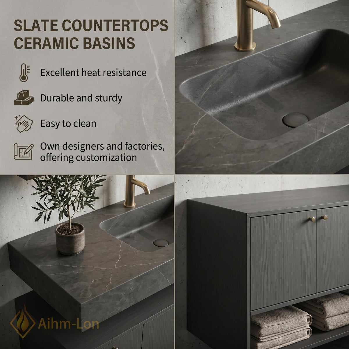 60''-96'' Double Bathroom Vanity with Sink Grey Stone Walnut Drawers Open Storage