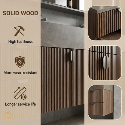 60''-96'' Double Bathroom Vanity with Sink Slatted Gray Warm Wood Texture Shelving