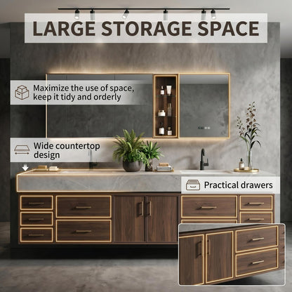 60''-96'' Double Bathroom Vanity with Sink Modern Floating Dark Walnut Slatted Center Panel