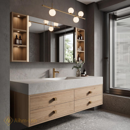 36''-110'' Floating Bathroom Vanity with Sink Wall-Mounted Design Light Wood Grain