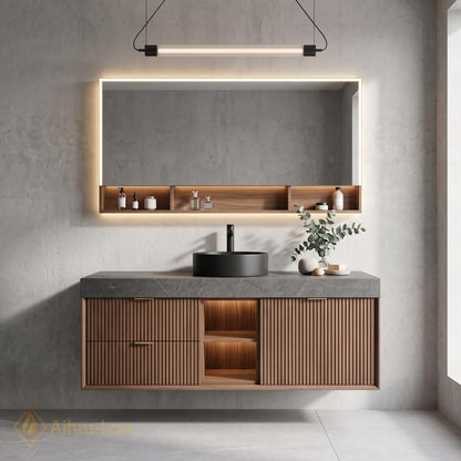 36''-110'' Floating Bathroom Vanity with Sink Slatted Front Grey Top Wood Drawers