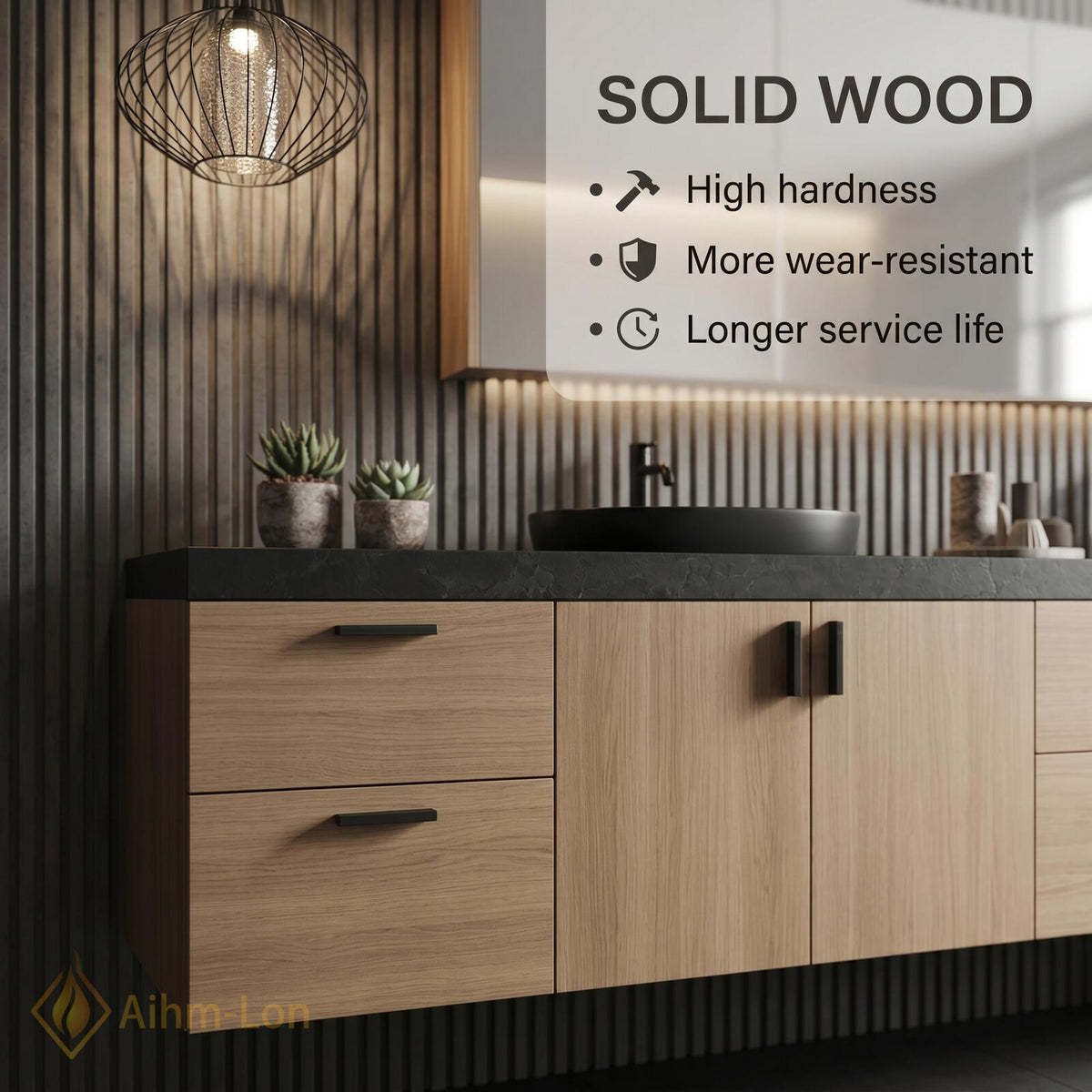 60''-96'' Double Bathroom Vanity with Sink Floating Light Oak Dark Stone Top