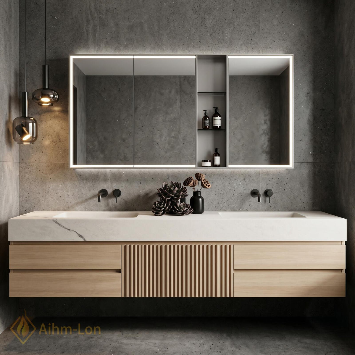 60''-96'' Double Bathroom Vanity with Sink Slatted Center Panel Light Wood Finish