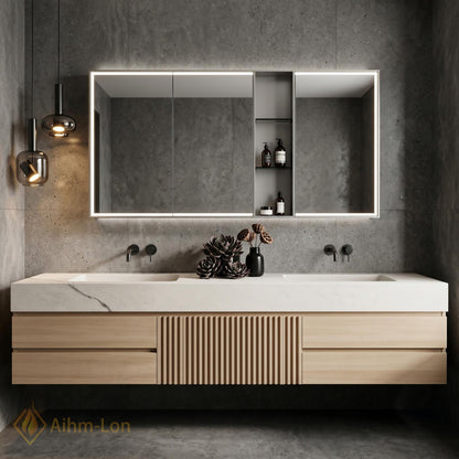 60''-96'' Double Bathroom Vanity with Sink Slatted Center Panel Light Wood Finish
