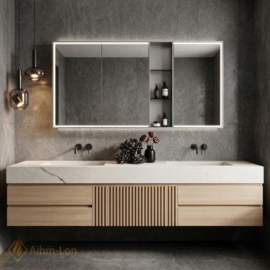 60''-96'' Double Bathroom Vanity with Sink Slatted Center Panel Light Wood Finish