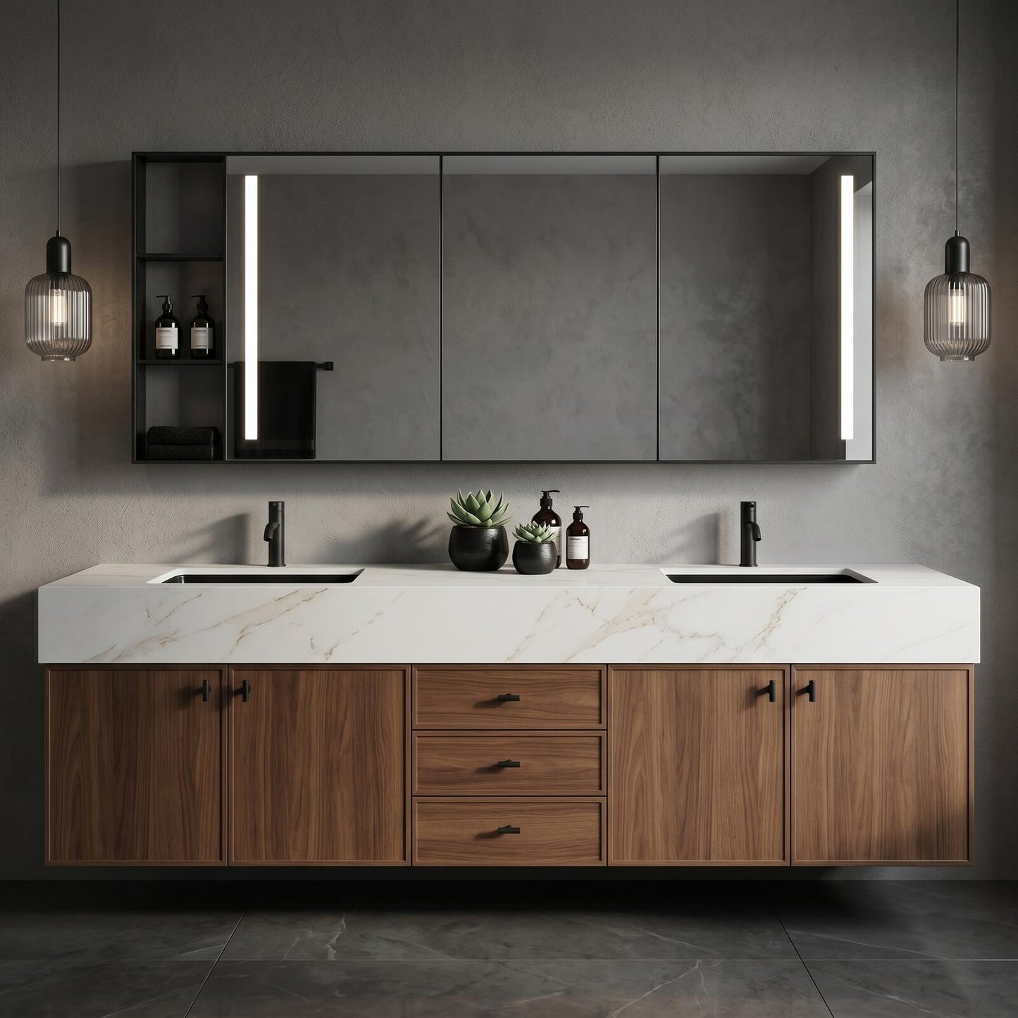 60''-96'' Modern Bathroom Vanity with Sink White Marble Walnut Grained Doors Drawers Cabinet