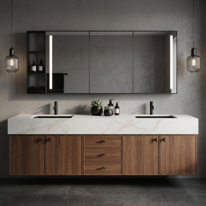 60''-96'' Modern Bathroom Vanity with Sink White Marble Walnut Grained Doors Drawers Cabinet