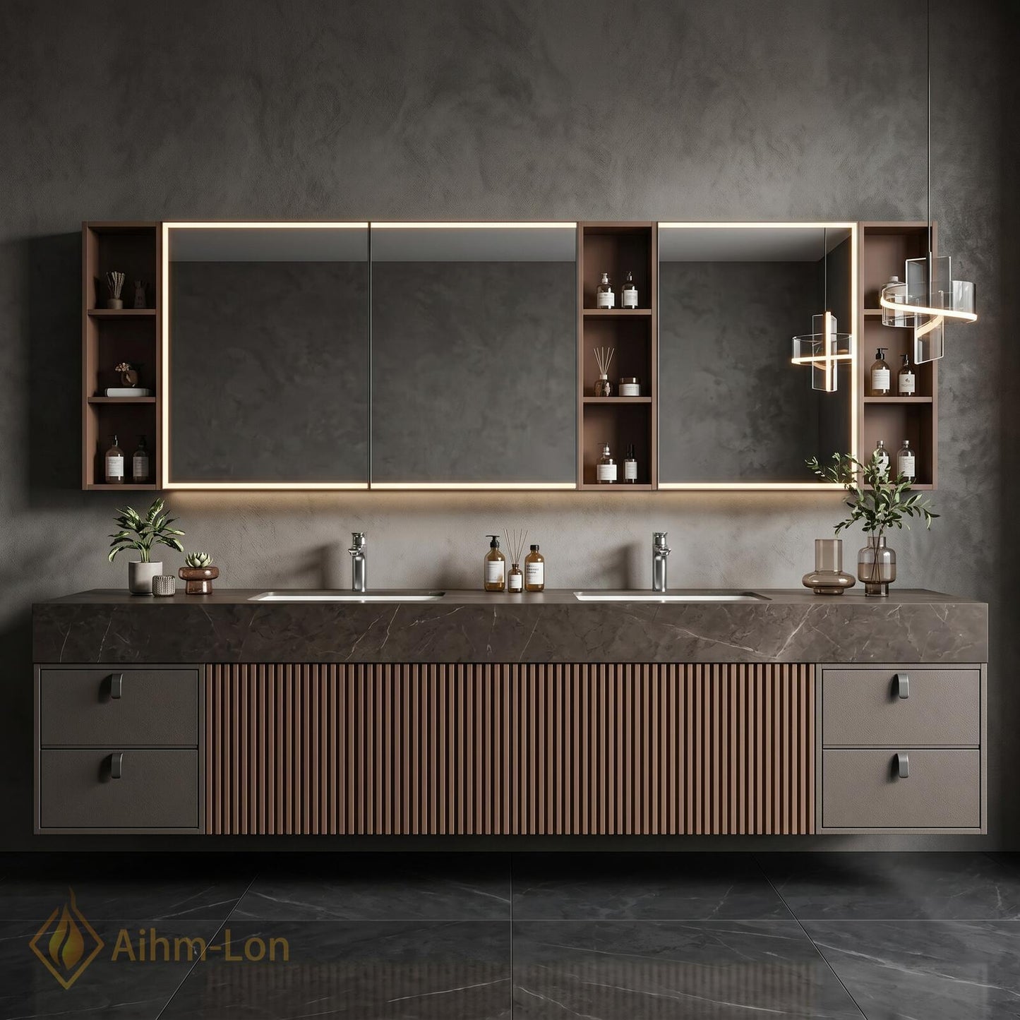60''-96'' Modern Double Bathroom Vanity with Sink Dark Stone Slatted Center Panel