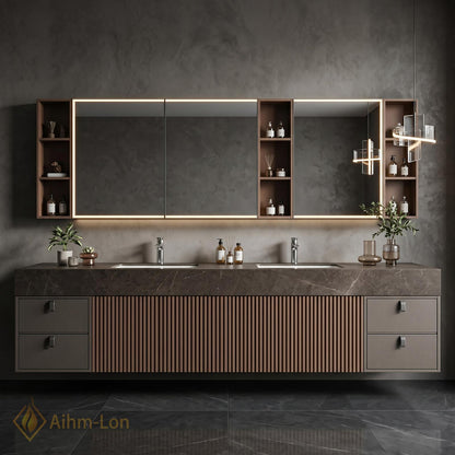 60''-96'' Modern Double Bathroom Vanity with Sink Dark Stone Slatted Center Panel