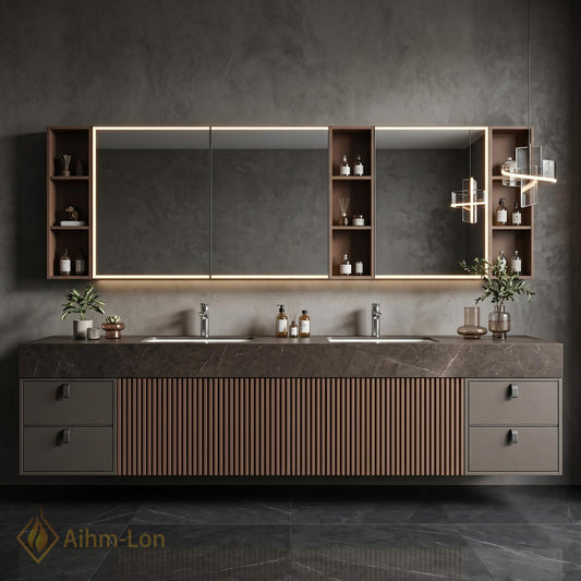 60''-96'' Modern Double Bathroom Vanity with Sink Dark Stone Slatted Center Panel