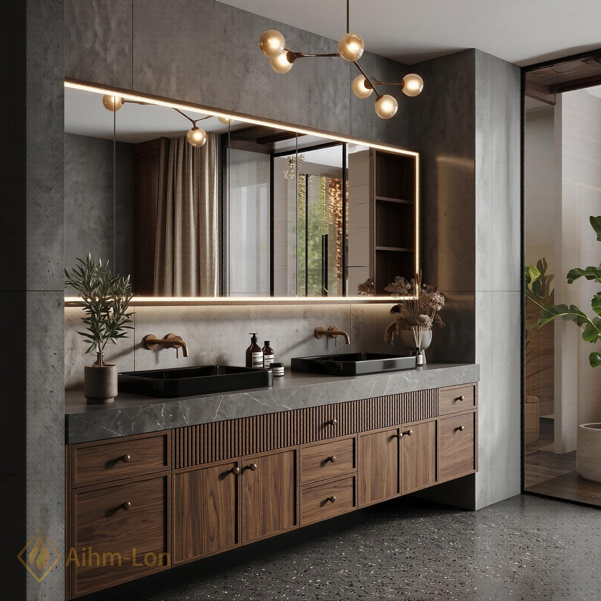 60''-96'' Double Bathroom Vanity with Sink Slatted Ribbed Front Warm Walnut Cabinet