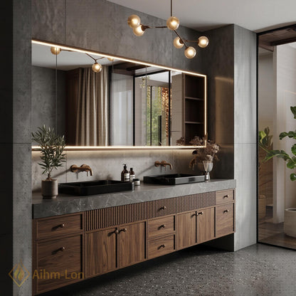 60''-96'' Double Bathroom Vanity with Sink Slatted Ribbed Front Warm Walnut Cabinet