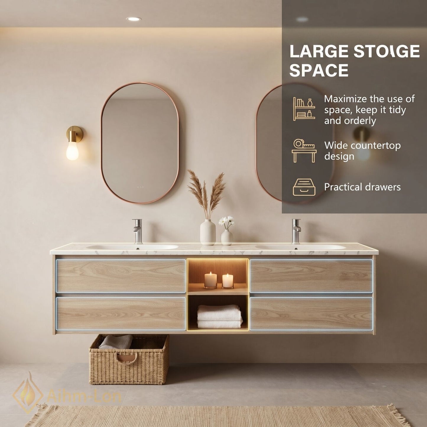 60''-96'' Floating Bathroom Vanity with Sink Double Sink Solid Wood Grain Open Shelving
