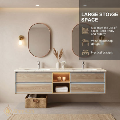 60''-96'' Floating Bathroom Vanity with Sink Double Sink Solid Wood Grain Open Shelving