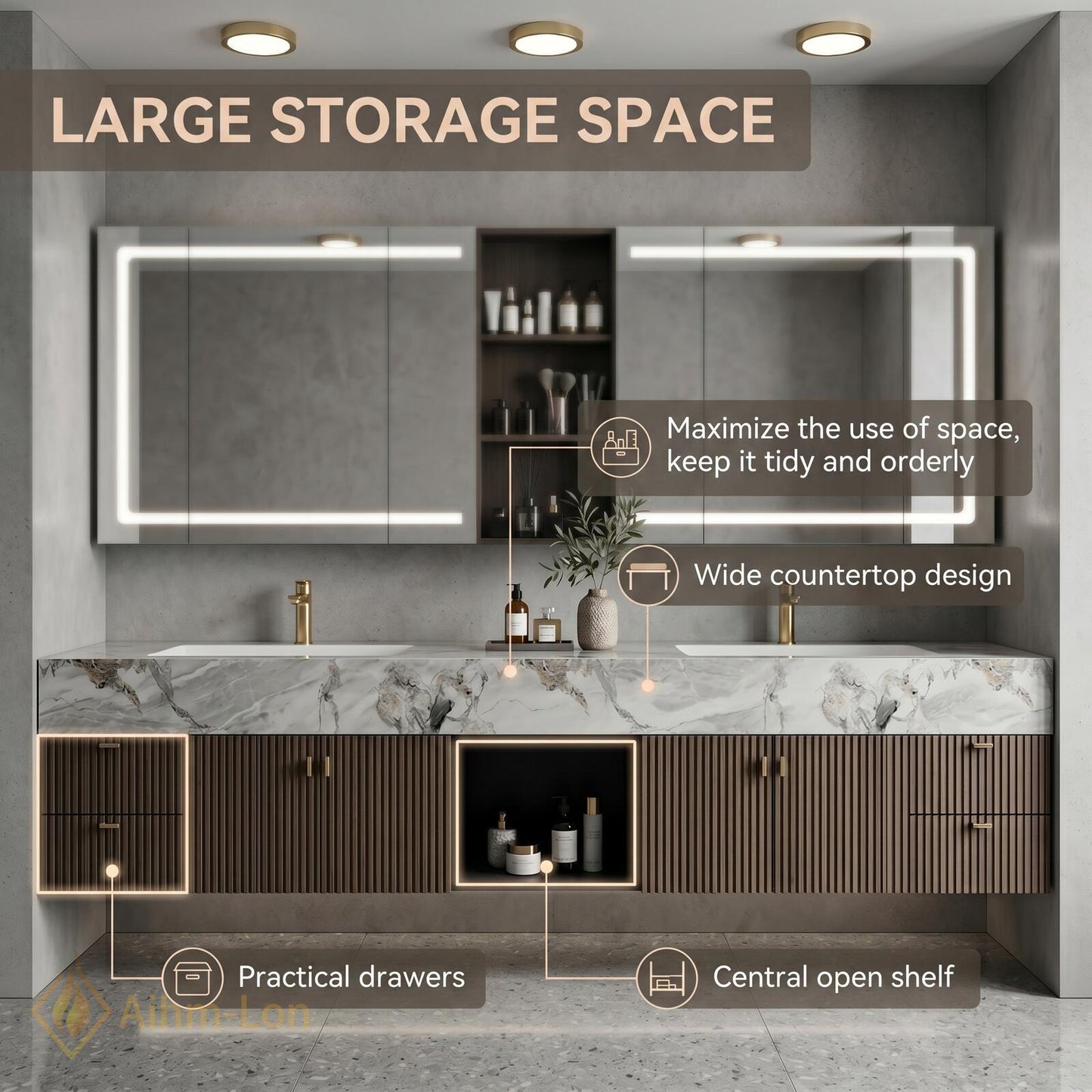 70''-96'' Bathroom Vanity with Sink Modern Floating White Marble Pattern Top Slatted