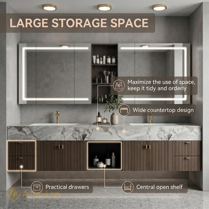 70''-96'' Bathroom Vanity with Sink Modern Floating White Marble Pattern Top Slatted