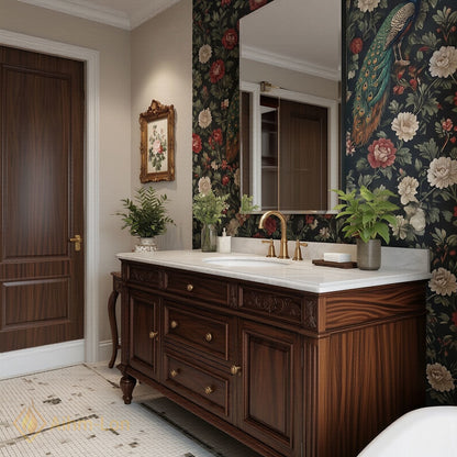 36''-64'' Classic Bathroom Vanity with Sink Dark Wood Carved Drawer Stone Top
