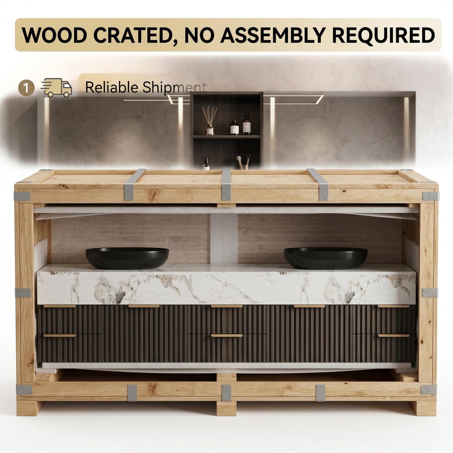 70''-96'' Modern Bathroom Vanity with Sink Double Basin Dark Walnut Slatted Panel